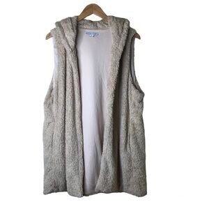 FAVLUX Fashion Women's Size 1X Janina Tan Fuzzy Fleece Open Hooded Vest‎ Pockets